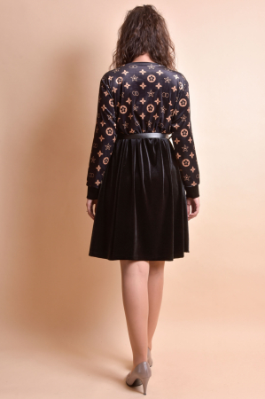 Rochie din catifea neagra cu imprimeu crem si curea in talie [4]