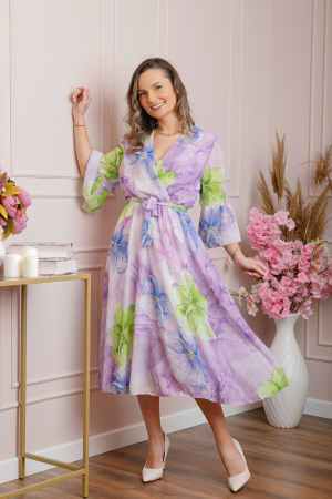 Rochie eleganta Adaline din voal lila cu imprimeuri florale [2]