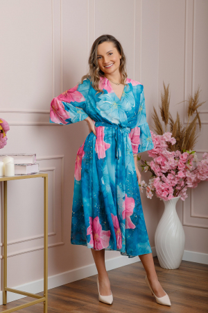 Rochie eleganta Adaline din voal turcoaz inchis cu imprimeuri florale [3]