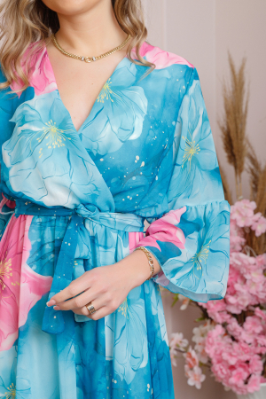 Rochie eleganta Adaline din voal turcoaz inchis cu imprimeuri florale [1]