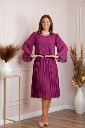 Rochii - Rochie eleganta Arya fuchsia plisata cu maneci lungi
