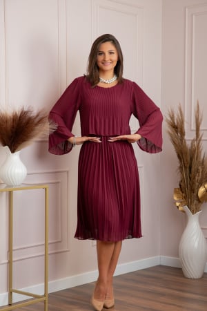 Rochii - Rochie eleganta Arya grena plisata cu maneci lungi