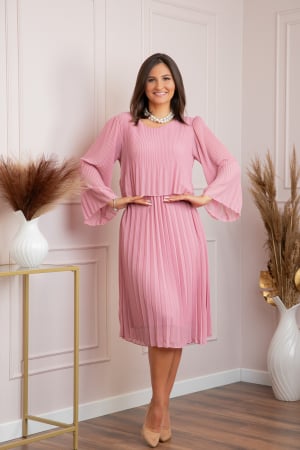 Rochii - Rochie eleganta Arya roz plisata cu maneci lungi