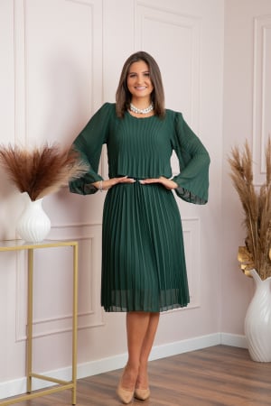 Rochii - Rochie eleganta Arya verde plisata cu maneci lungi