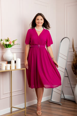 Rochii - Rochie eleganta din voal Desiree cu decolteu in V si curea - Fuchsia
