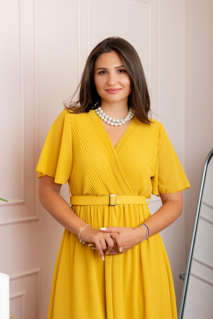 Rochie eleganta din voal Desiree cu decolteu in V si curea - Galben [1]