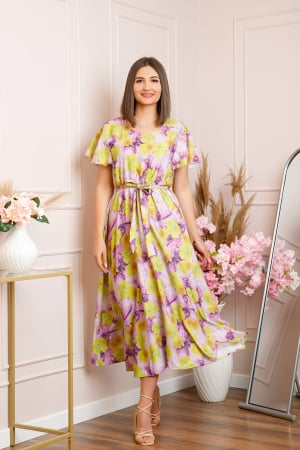 Rochie eleganta Fiorella cu imprimeuri florale - Galben cu mov [2]