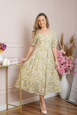 Rochii - Rochie eleganta Helena cu imprimeuri florale si buzunare functionale - Bej