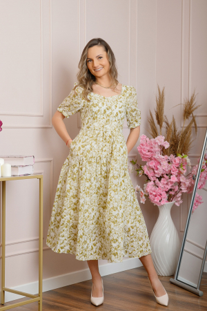 Rochie eleganta Helena cu imprimeuri florale si buzunare functionale - Bej [2]