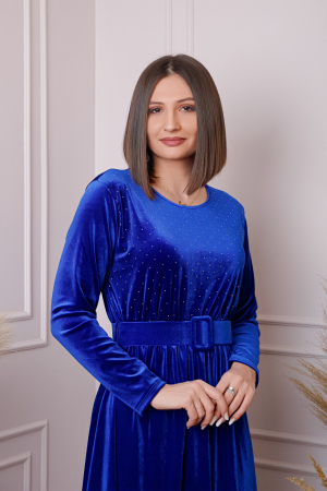 Rochie eleganta Kate din catifea albastru regal cu strasuri si centura in talie [2]
