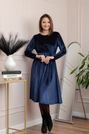Rochie eleganta Kate din catifea bleumarin cu strasuri si centura in talie [2]
