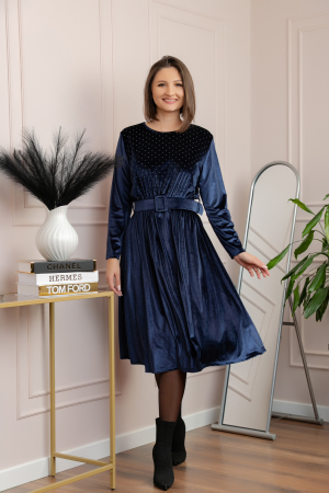 Rochie eleganta Kate din catifea bleumarin cu strasuri si centura in talie [3]