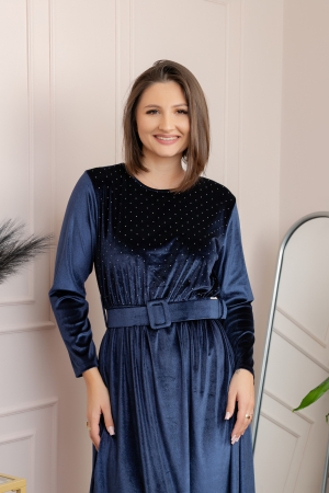 Rochie eleganta Kate din catifea bleumarin cu strasuri si centura in talie [1]