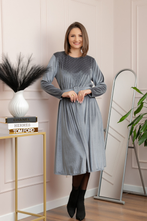 Rochie eleganta Kate din catifea gri cu strasuri si centura in talie [2]