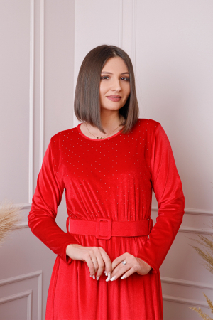 Rochie eleganta Kate din catifea rosie cu strasuri si centura in talie [2]