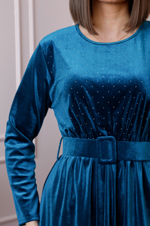 Rochie eleganta Kate din catifea turcoaz cu strasuri si centura in talie [1]