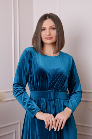 Rochie eleganta Kate din catifea turcoaz cu strasuri si centura in talie [2]