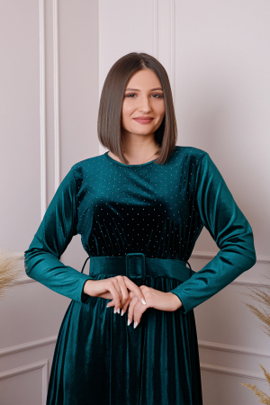 Rochie eleganta Kate din catifea verde cu strasuri si centura in talie [2]