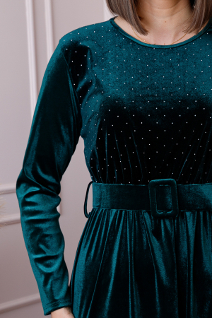 Rochie eleganta Kate din catifea verde cu strasuri si centura in talie [1]
