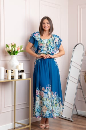 Rochii - Rochie eleganta lunga Ayana cu imprimeri florale si volane ample - Albastru regal