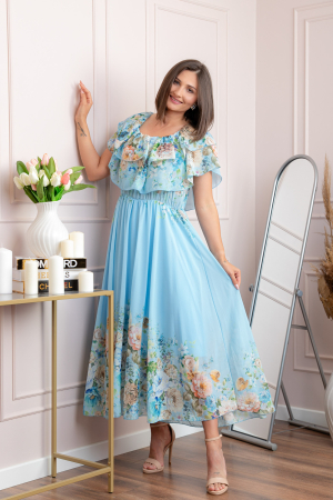 Rochie eleganta lunga Ayana cu imprimeri florale si volane ample - Bleu [2]