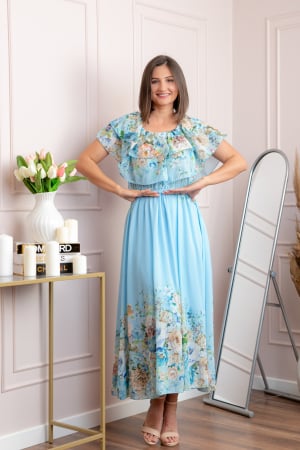 Rochii - Rochie eleganta lunga Ayana cu imprimeri florale si volane ample - Bleu