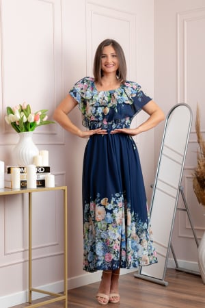 Rochii - Rochie eleganta lunga Ayana cu imprimeri florale si volane ample - Bleumarin