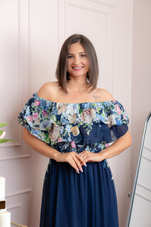 Rochie eleganta lunga Ayana cu imprimeri florale si volane ample - Bleumarin [1]