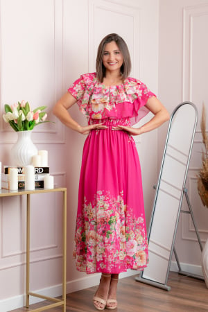 Rochii - Rochie eleganta lunga Ayana cu imprimeri florale si volane ample - Ciclam