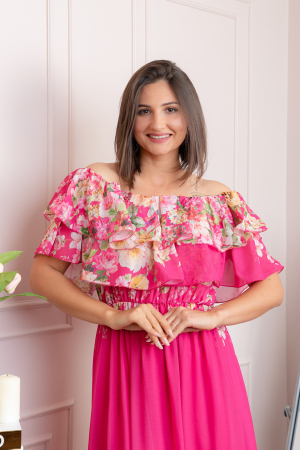 Rochie eleganta lunga Ayana cu imprimeri florale si volane ample - Ciclam [1]