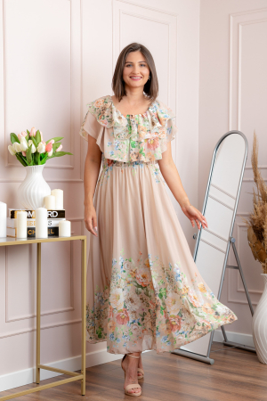 Rochie eleganta lunga Ayana cu imprimeri florale si volane ample - Crem [3]