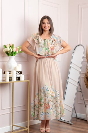 Rochii - Rochie eleganta lunga Ayana cu imprimeri florale si volane ample - Crem