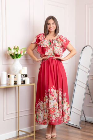 Rochii - Rochie eleganta lunga Ayana cu imprimeri florale si volane ample - Grena