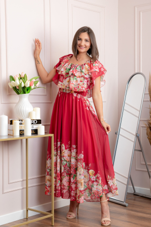 Rochie eleganta lunga Ayana cu imprimeri florale si volane ample - Grena [2]