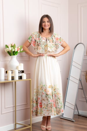 Rochii - Rochie eleganta lunga Ayana cu imprimeri florale si volane ample - Ivoire