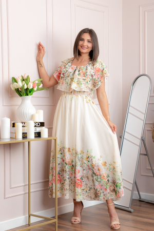 Rochie eleganta lunga Ayana cu imprimeri florale si volane ample - Ivoire [2]