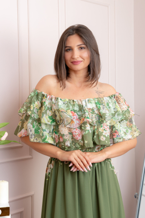 Rochie eleganta lunga Ayana cu imprimeri florale si volane ample - Kaki [1]