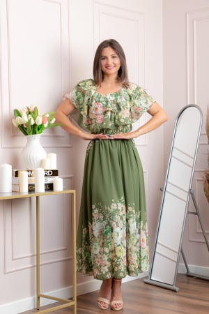 Rochii - Rochie eleganta lunga Ayana cu imprimeri florale si volane ample - Kaki