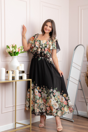 Rochie eleganta lunga Ayana cu imprimeri florale si volane ample - Negru [2]