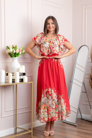 Rochii - Rochie eleganta lunga Ayana cu imprimeri florale si volane ample - Rosu