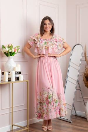 Rochii - Rochie eleganta lunga Ayana cu imprimeri florale si volane ample - Roz pastel