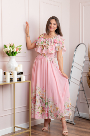 Rochie eleganta lunga Ayana cu imprimeri florale si volane ample - Roz pastel [2]