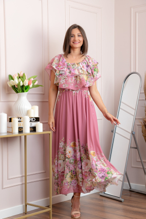 Rochie eleganta lunga Ayana cu imprimeri florale si volane ample - Roz pudrat [3]