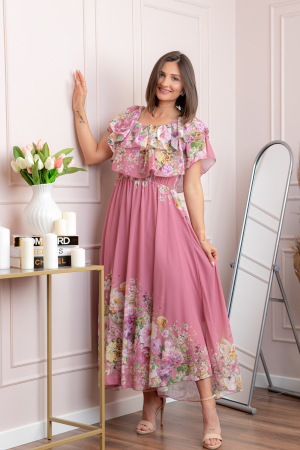 Rochie eleganta lunga Ayana cu imprimeri florale si volane ample - Roz pudrat [2]