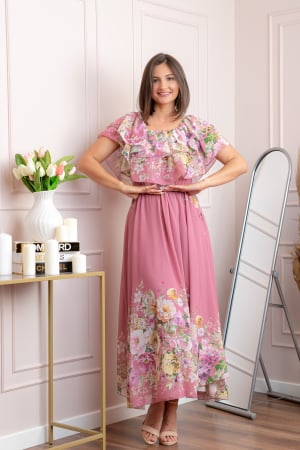 Rochii - Rochie eleganta lunga Ayana cu imprimeri florale si volane ample - Roz pudrat