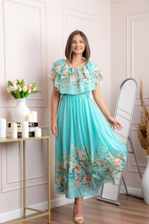 Rochie eleganta lunga Ayana cu imprimeri florale si volane ample - Turcoaz aqua [3]