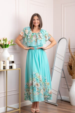 Rochii - Rochie eleganta lunga Ayana cu imprimeri florale si volane ample - Turcoaz aqua