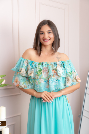 Rochie eleganta lunga Ayana cu imprimeri florale si volane ample - Turcoaz aqua [1]