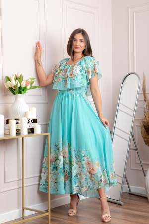 Rochie eleganta lunga Ayana cu imprimeri florale si volane ample - Turcoaz aqua [2]