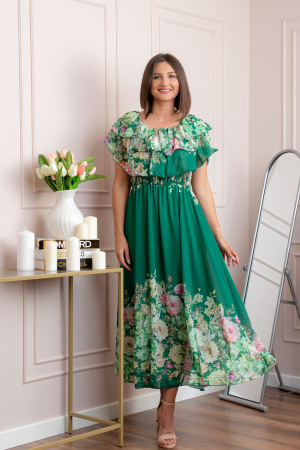 Rochie eleganta lunga Ayana cu imprimeri florale si volane ample - Verde [3]